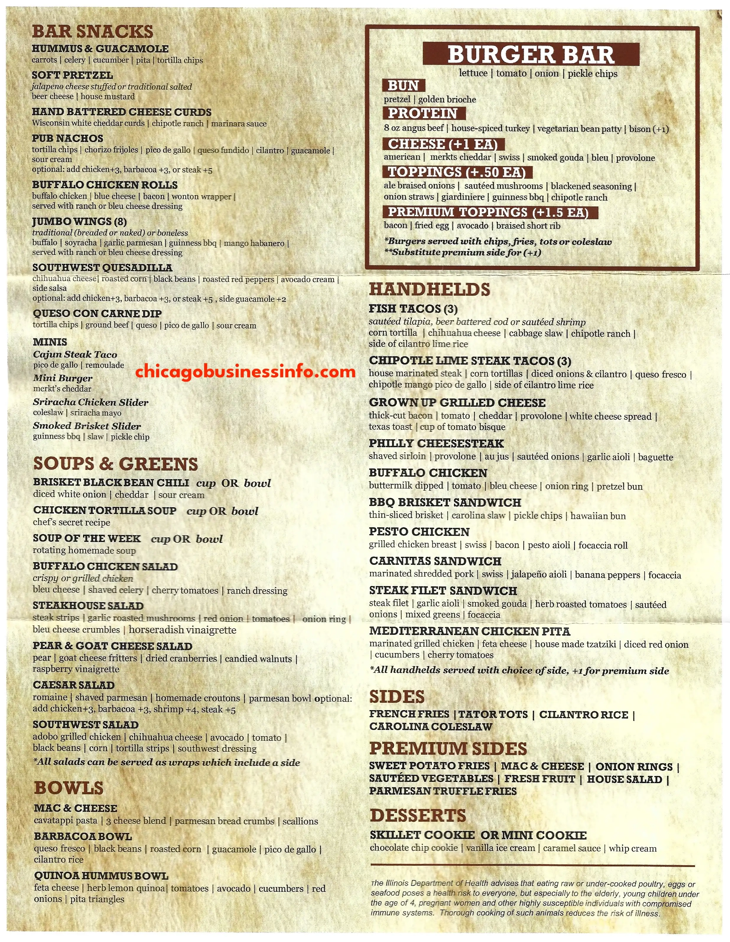 Brownstone Tavern Chicago Carry Out Menu