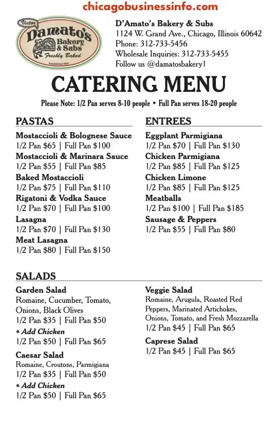 D'Amato's Bakery Chicago Catering Menu