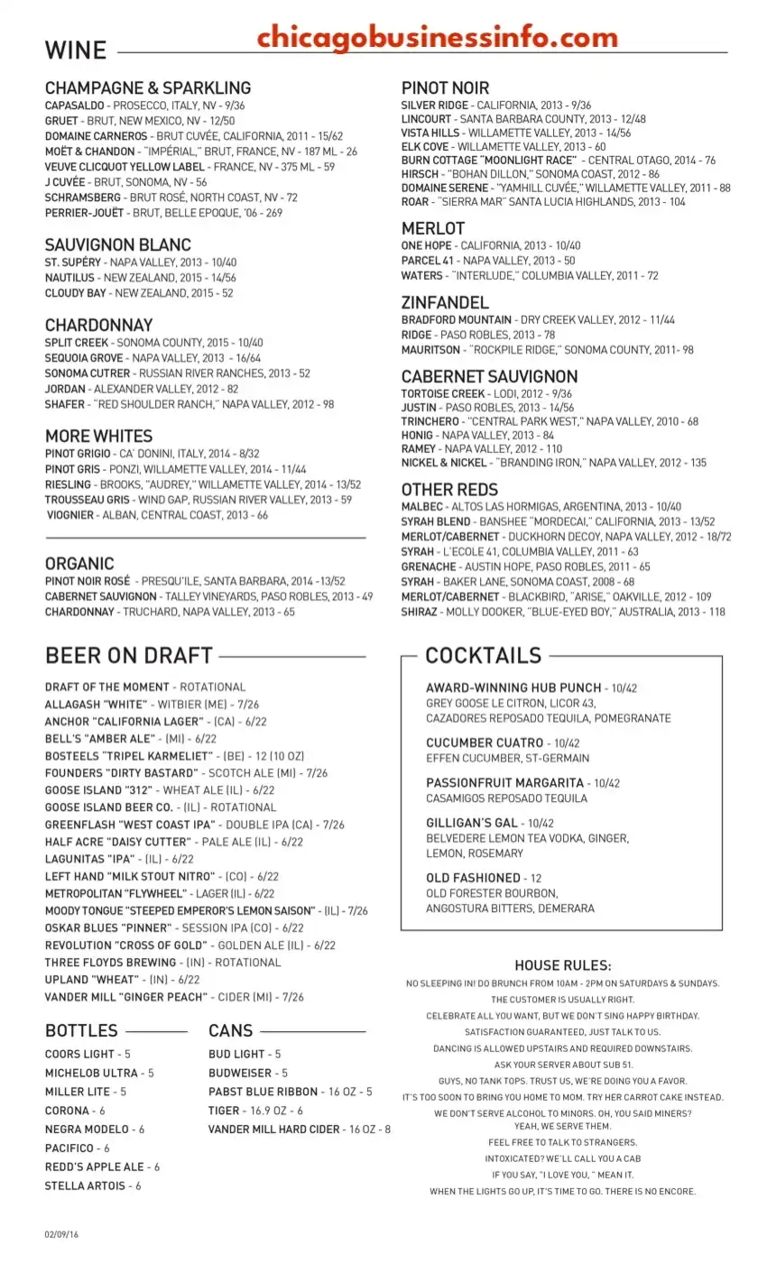 Hub 51 Chicago Drinks Menu