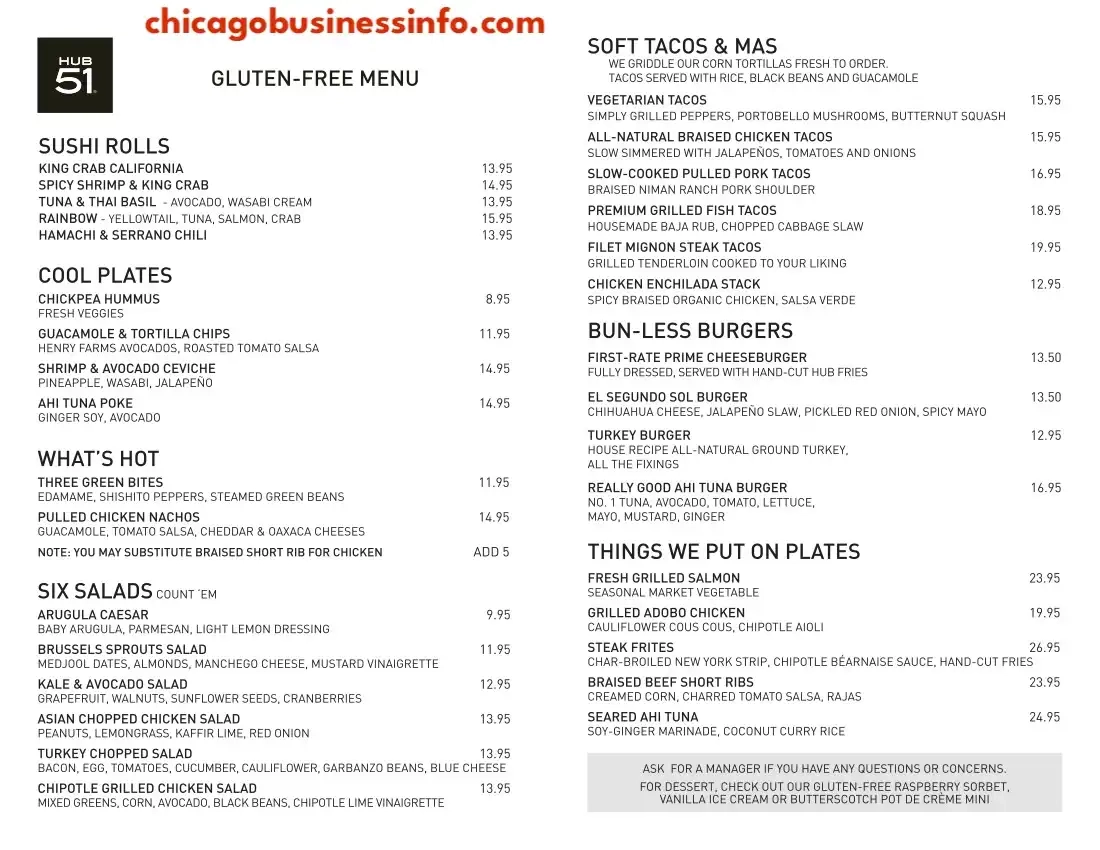 Hub 51 Chicago Gluten Free Menu