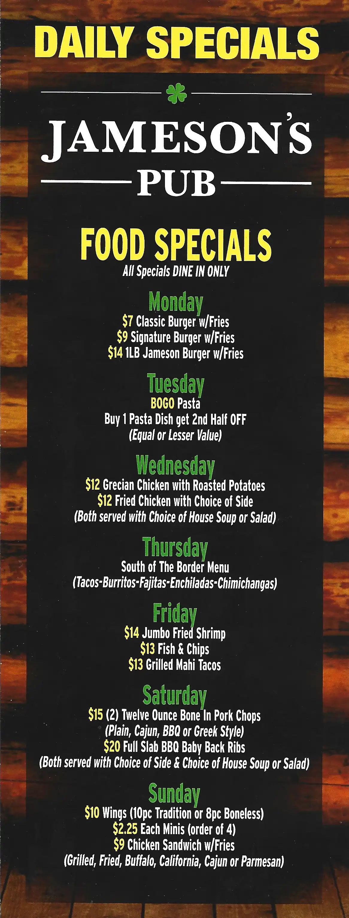 Jameson's Pub Frankfort Illinois Daily Food Specials