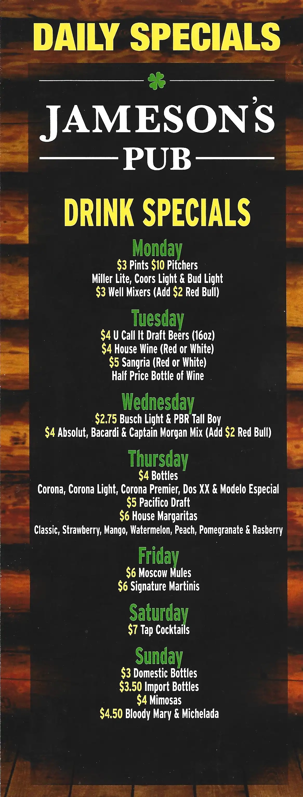 Jameson's Pub Frankfort Illinois Drink Specials