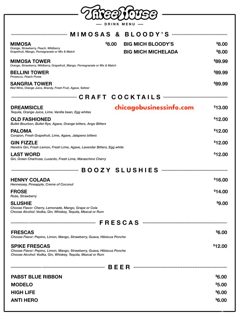 Three house chicago brunch drink menu
