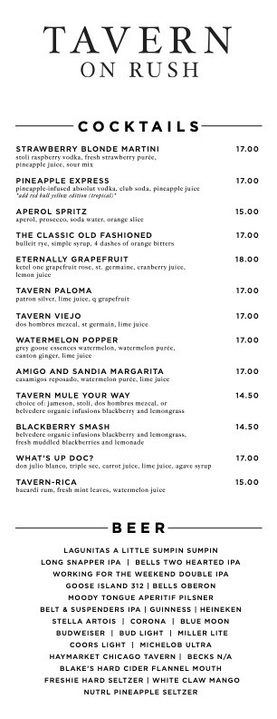Tavern on rush cocktails menu