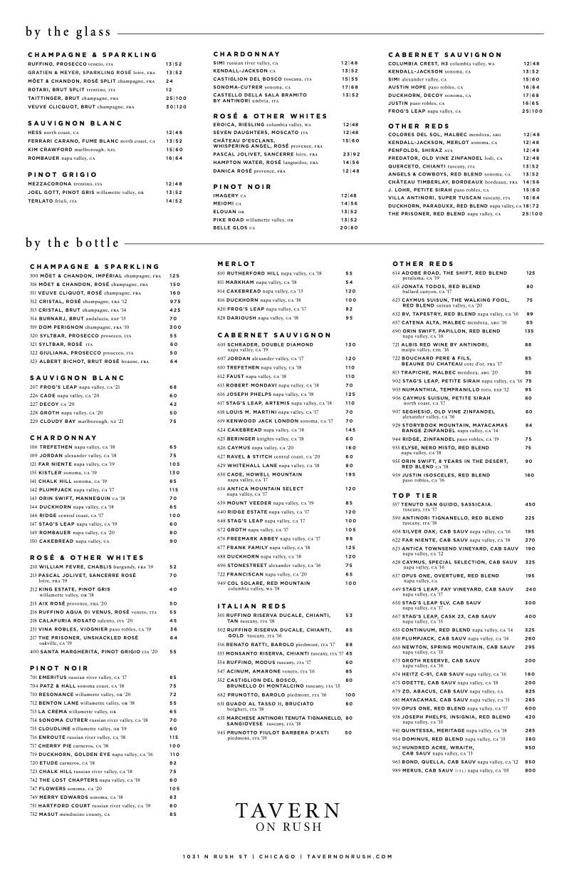 Tavern on rush wine menu