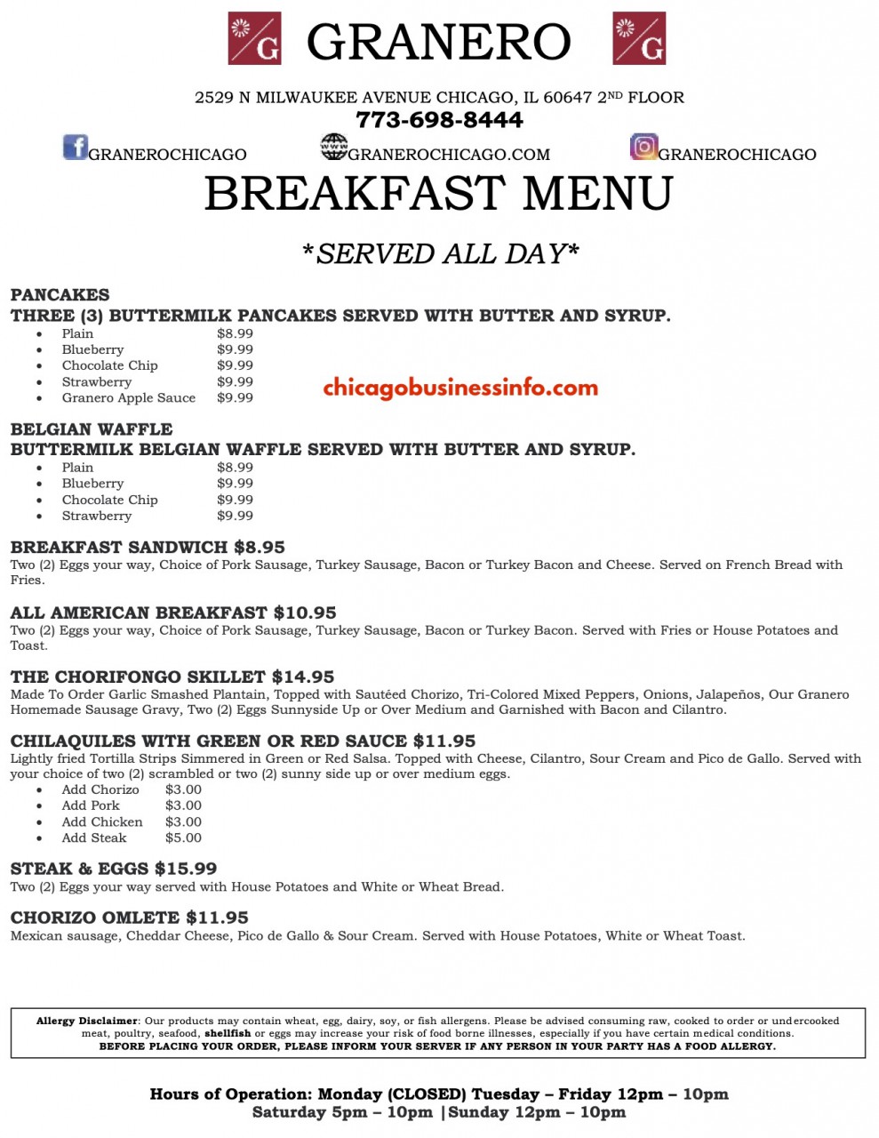 Granero chicago breakfast menu 1