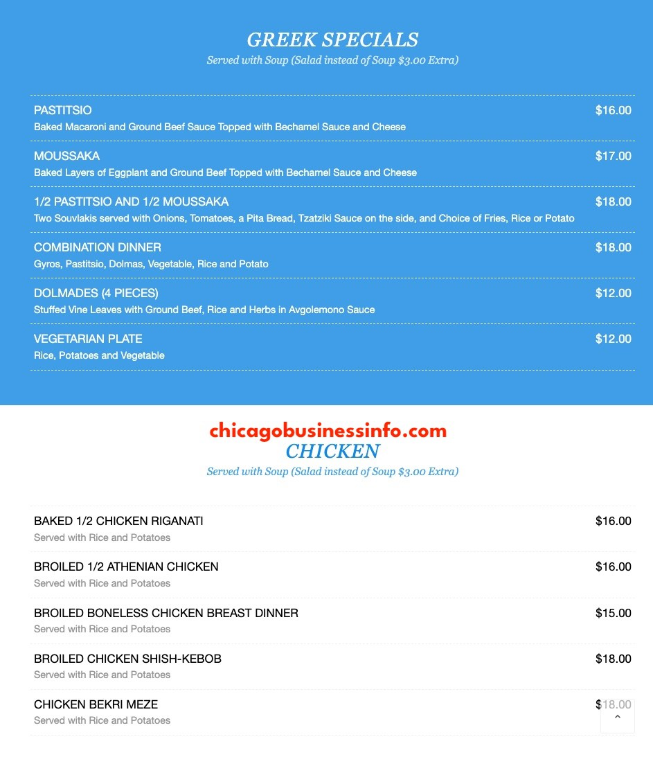 Central gyros chicago chicken greek specials menu