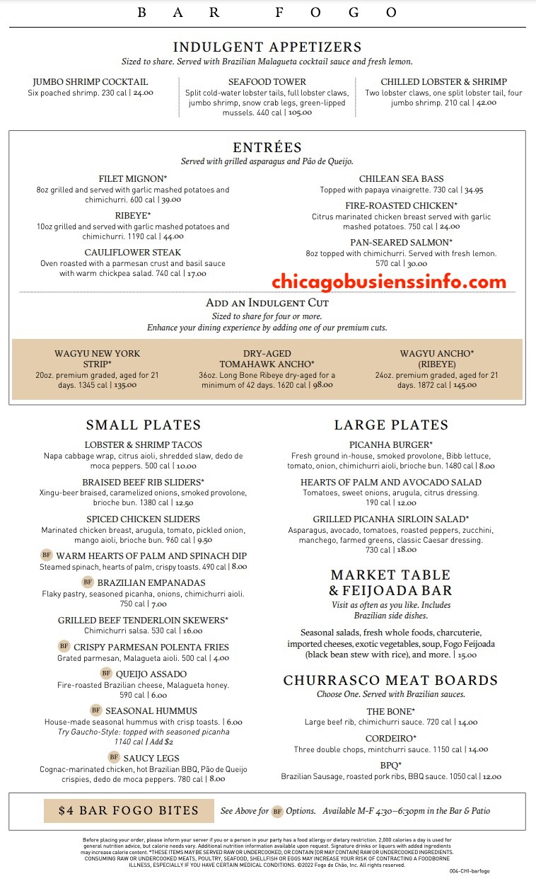 Fogo De Chao Chicago All You Can Eat Bar Menu