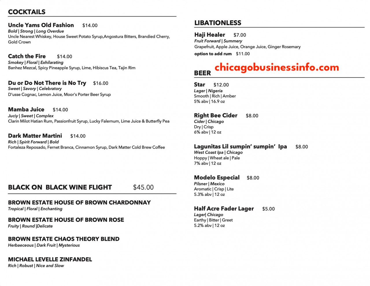 Bronzeville winery chicago menu 1