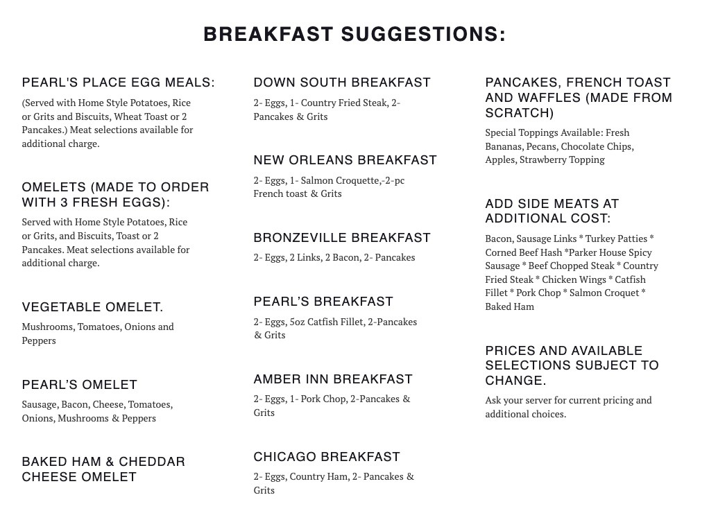 Pearls Place Chicago All You Can Eat Brunch Breakfast Menu