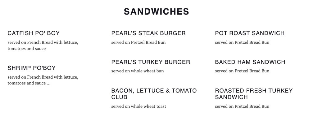 Pearls Place Chicago All You Can Eat Brunch Sandwiches Menu