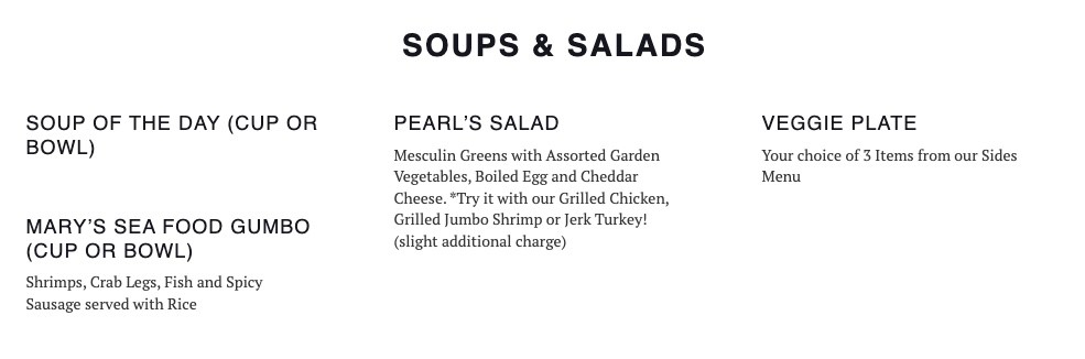 Pearls Place Chicago All You Can Eat Brunch Soups Salads Menu