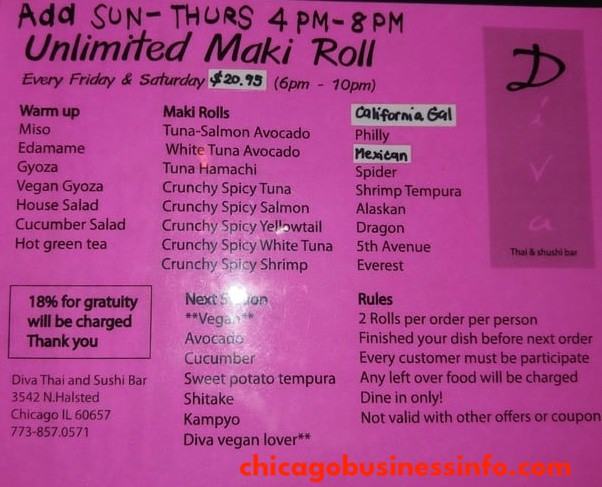 Diva Thai Sushi And Bar All You Can Eat Menu 
