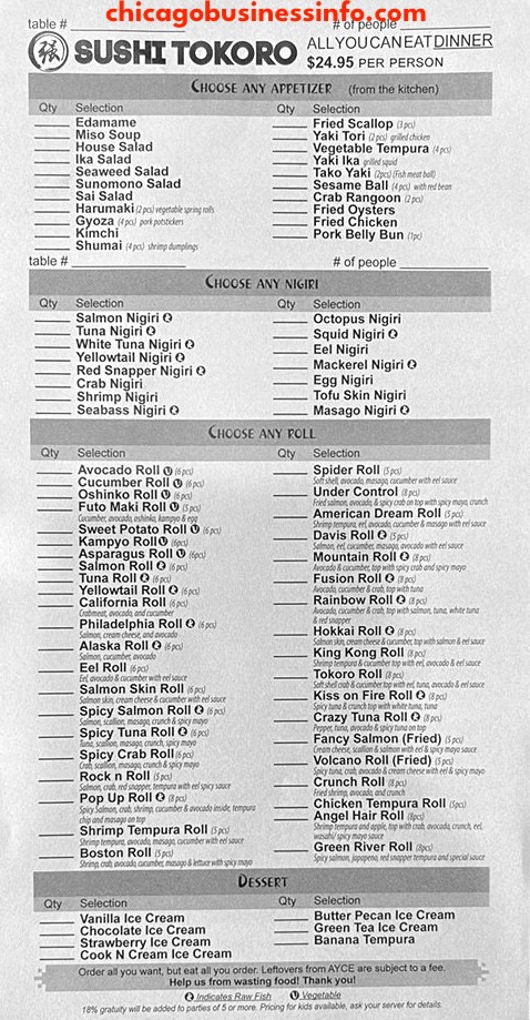 Sushi Tokoro Chicago All You Can Eat Menu 1