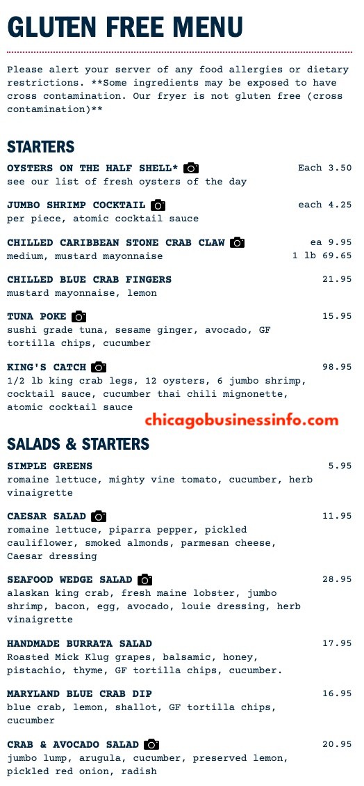Quality Crab And Oyster Bar Chicago Gluten Free Menu 1