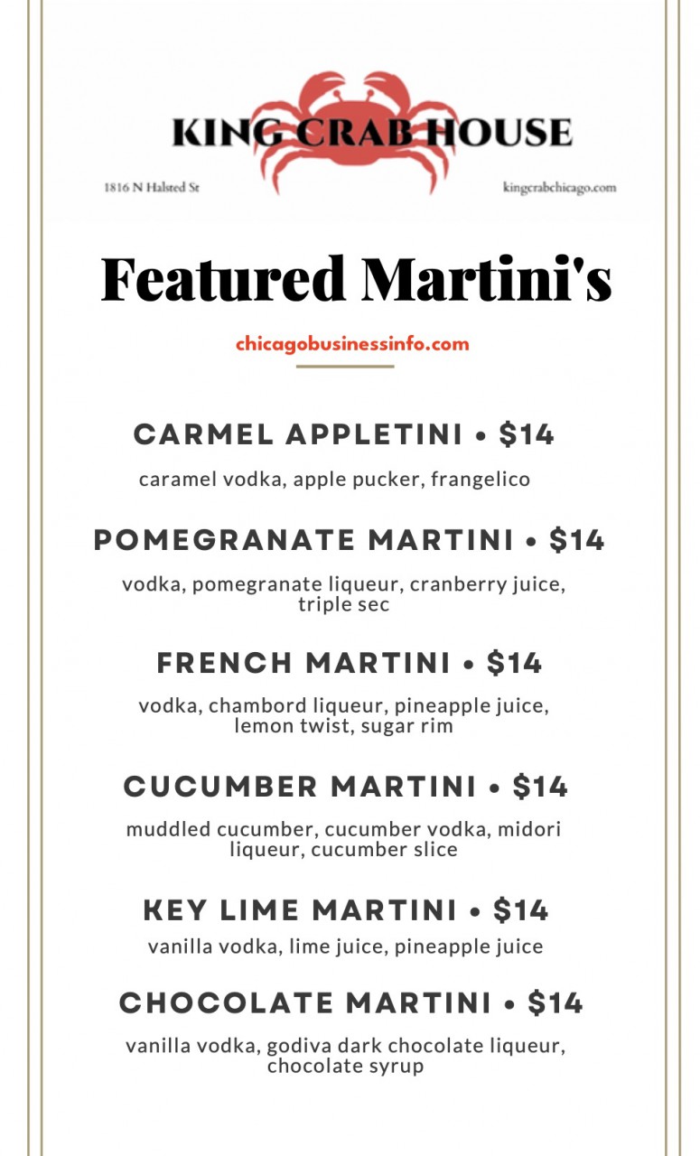 King Crab House Chicago Martinis Menu