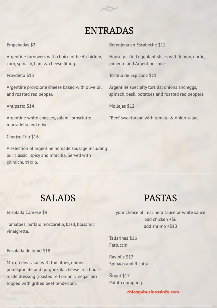 Folklore Chicago Dinner Entradas Salads Pastas Menu