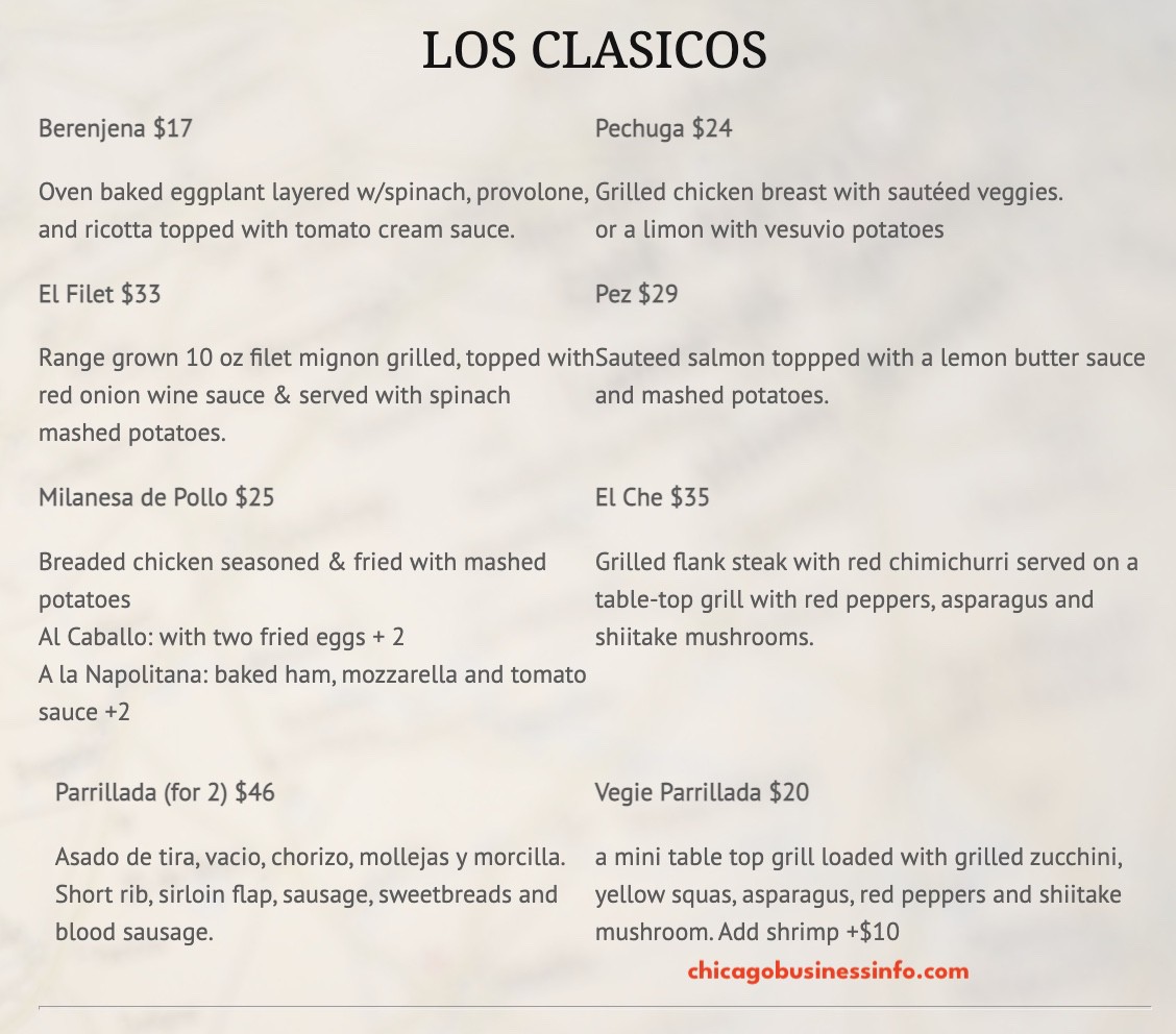 Folklore Chicago Dinner Los Clasicos Menu