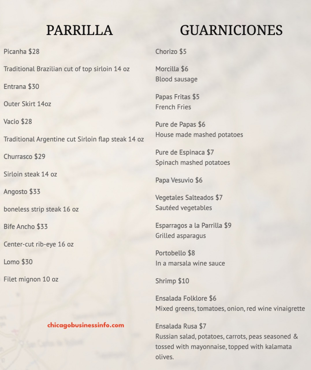 Folklore Chicago Dinner Parrilla Guarniciones Menu