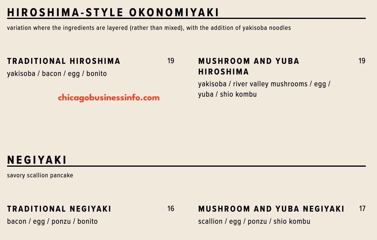 Gaijin Chicago Hiroshima Style Okonomiyaki Negiyaki Menu