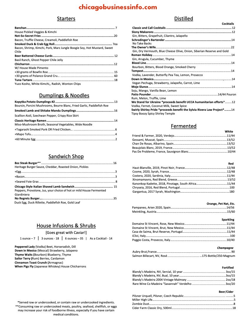 Heritage Restaurant And Caviar Bar Chicago All Day Menu 1