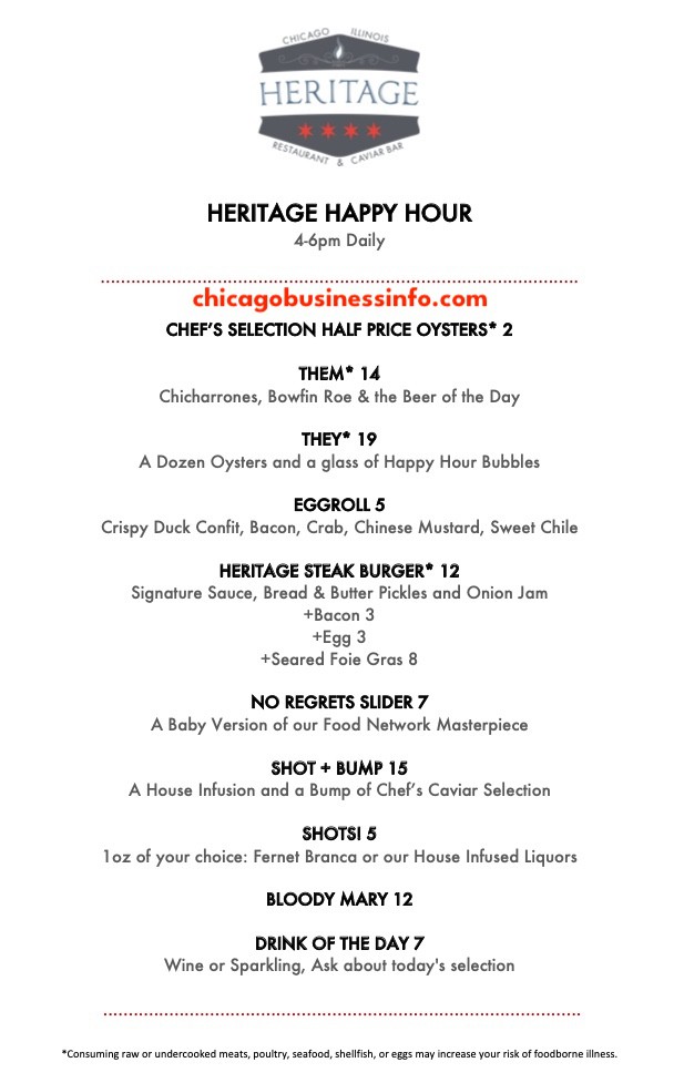 Heritage Restaurant And Caviar Bar Chicago Happy Hour Menu