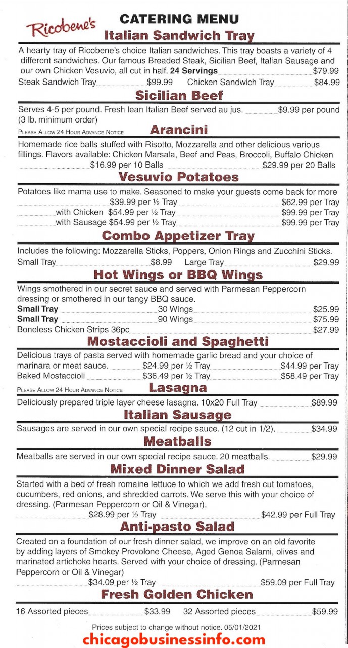 Ricobene's Chicago Catering Menu