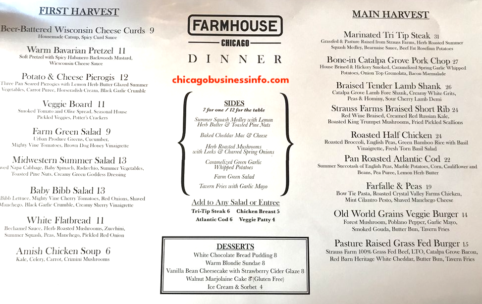 Farmhouse Chicago Dinner Menu