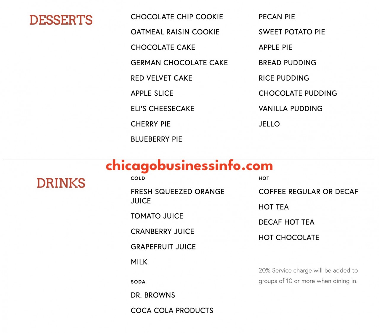 Mannys deli chicago lunch desserts drinks menu