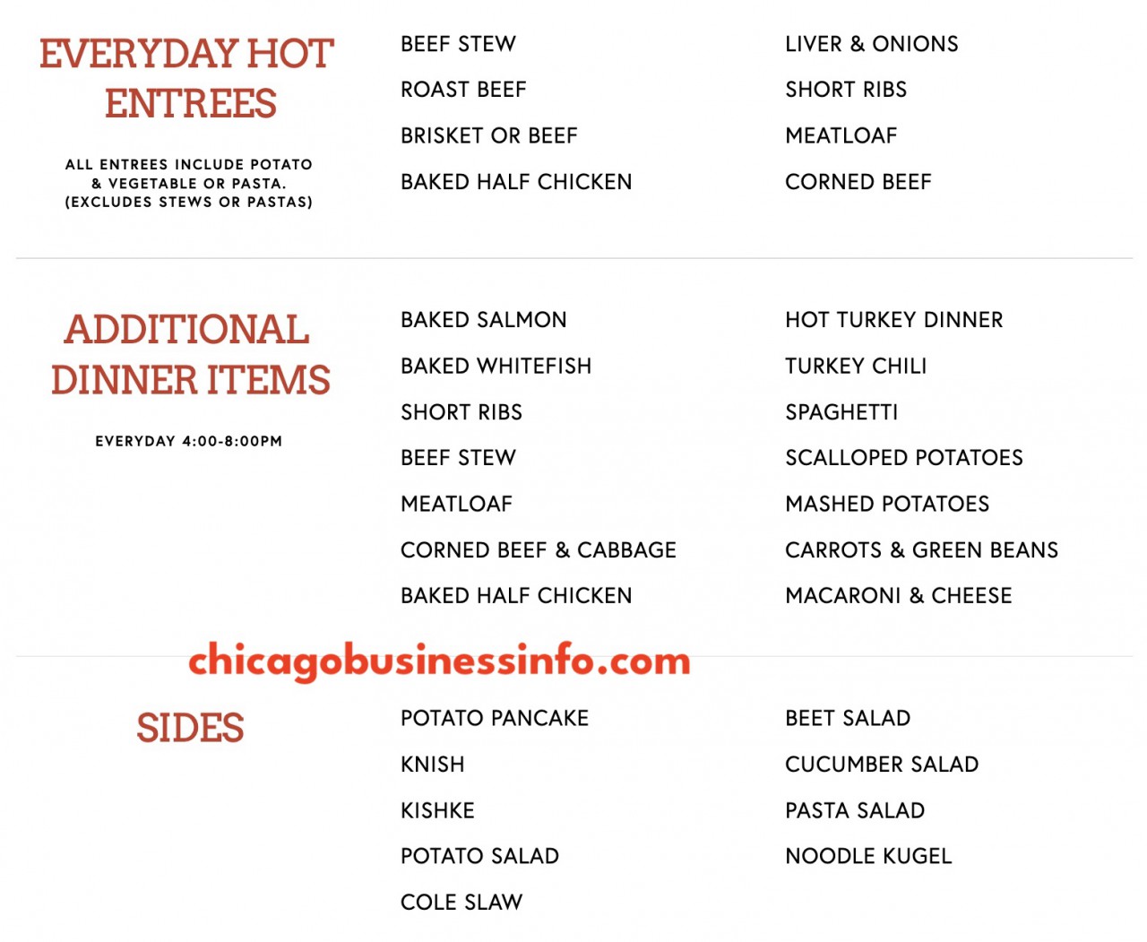 Mannys deli chicago everyday specials sides menu