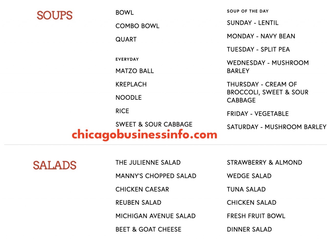 Mannys deli chicago soups salads menu