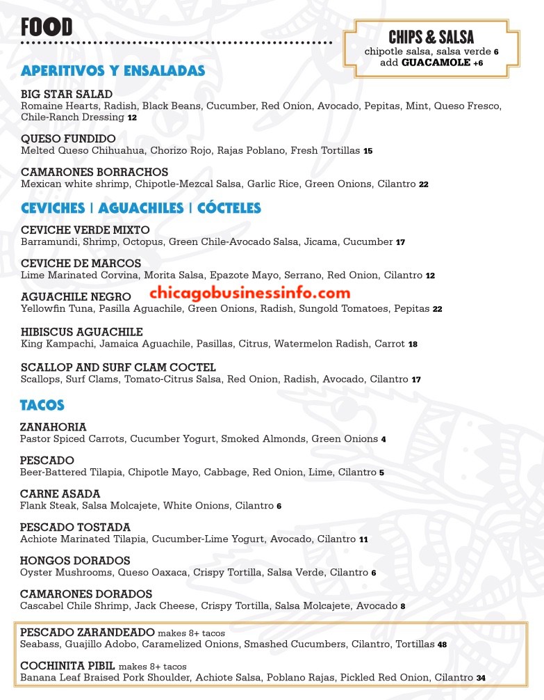 Big Start Mariscos Chicago Food Menu